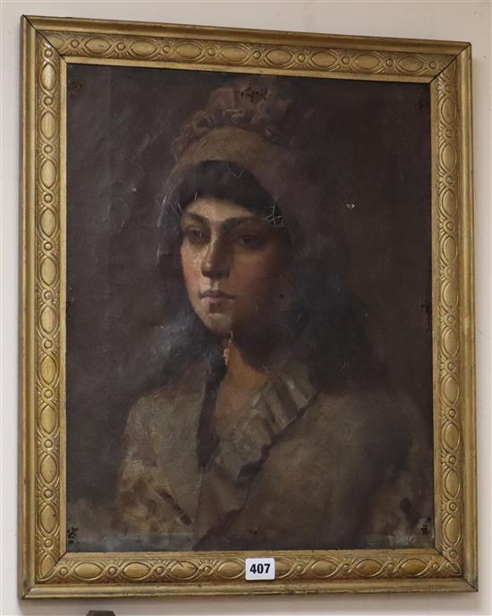 Late 19th century English School, oil on canvas, Portrait of a girl wearing a bonnet, 50 x 40cm